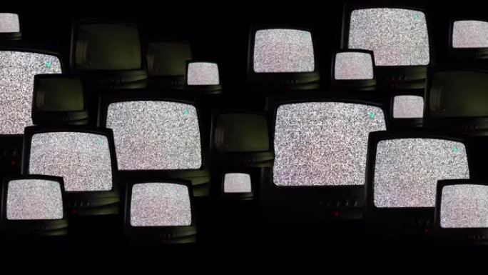 黑色背景上的多台老式电视，许多带有噪音干扰的复古电视的重复图案。80年代电视，信号接收不良的老式复古