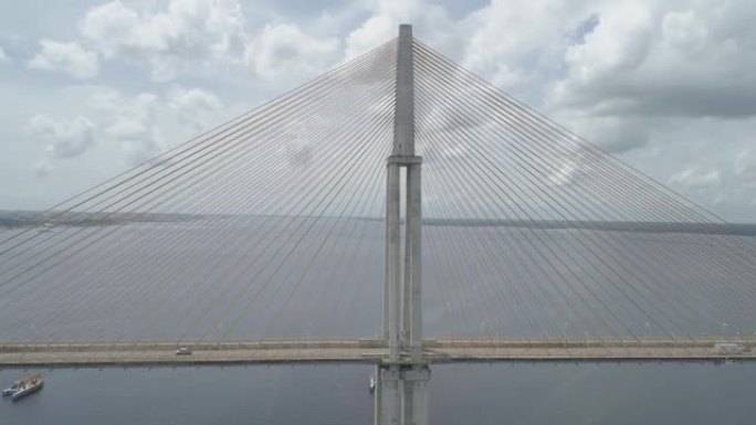 在穿越拉索的里约内格罗大桥 (Rio Negro Bridge) 旁边的汽车旁边低空的天线，该桥连接