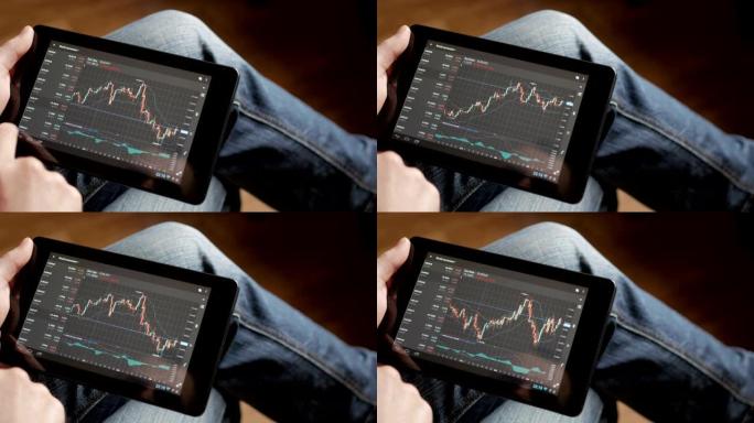 股票市场，在线交易，交易员在股票市场交易大厅使用平板电脑。Man触屏，浏览外汇市场数据，图表。外汇。