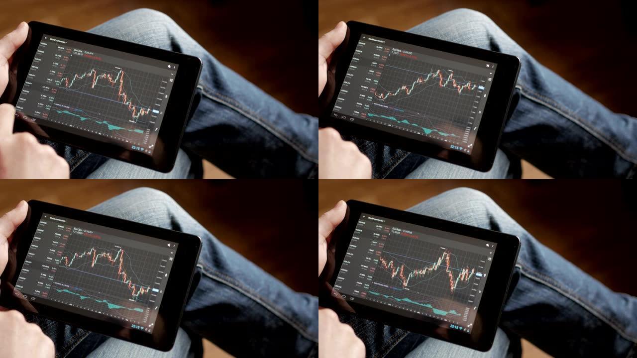 股票市场，在线交易，交易员在股票市场交易大厅使用平板电脑。Man触屏，浏览外汇市场数据，图表。外汇。