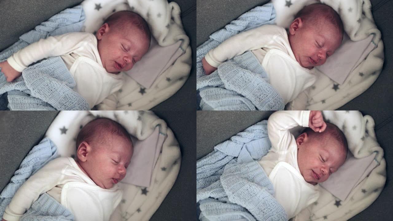 新生婴儿睡在婴儿床里梦见手势移动入睡