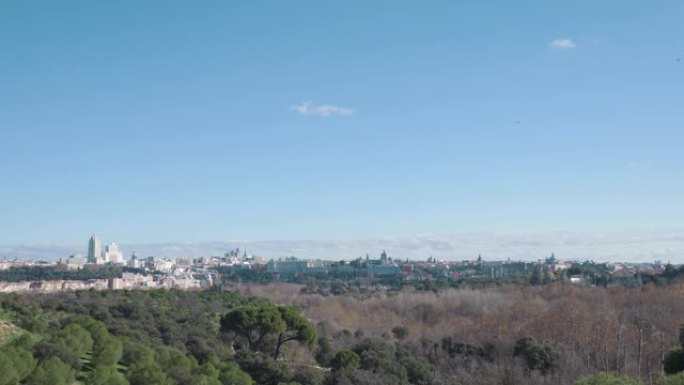 马德里全景城市天际线与大教堂德拉阿穆德娜和马德里皇家宫殿