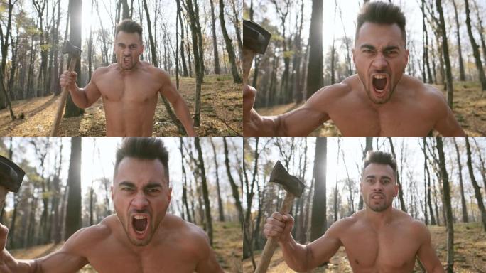 赤裸上身的强壮的家伙手里拿着一把斧头。森林里的家伙。他大声喊道。显示了它的力量。