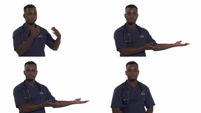 年轻的非洲裔美国医生在孤立的白色背景上穿着医用外套。练习者微笑着露出双手张开的手掌