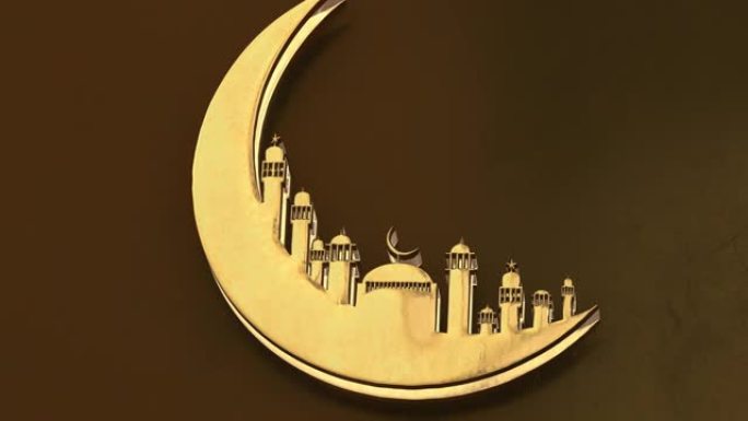3D渲染，动画拉马丹卡里姆与金色月亮清真寺在光影金色背景。贺卡、海报、横幅、邀请的设计。