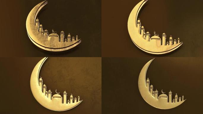 3D渲染，动画拉马丹卡里姆与金色月亮清真寺在光影金色背景。贺卡、海报、横幅、邀请的设计。