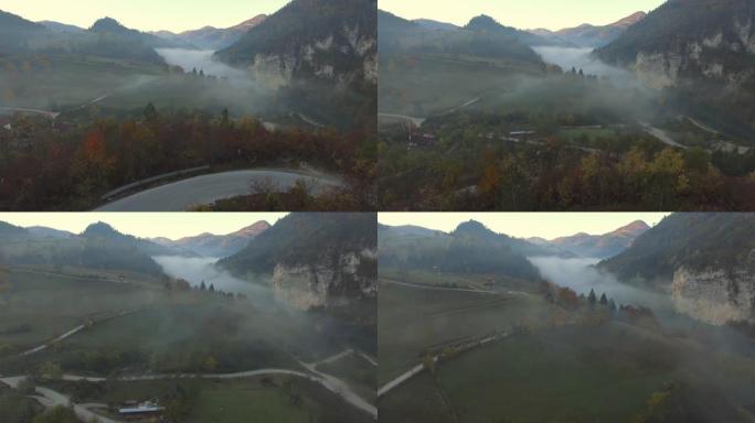 山湖的航拍。无人机的观点，在雾中的塞尔维亚塔拉山。