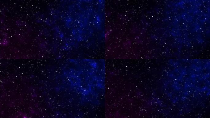 镜头4k在太空中穿越星域，作为超新星彩光发光。太空星云蓝色背景移动运动图形与恒星太空旋转星云 (视频