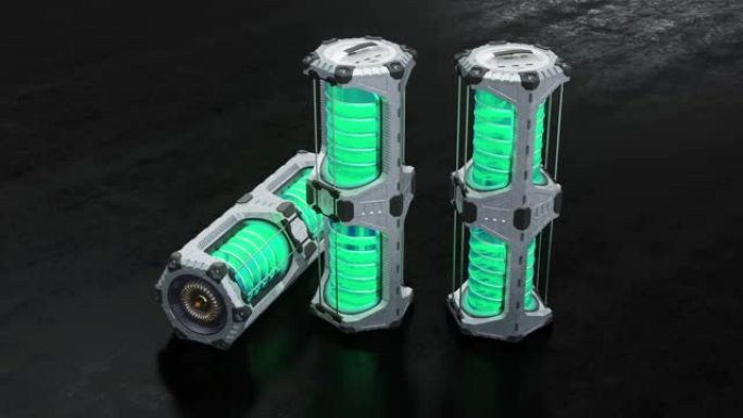 在3个带有发光绿色圆柱体的SciFi六角动力箱周围缓慢移动