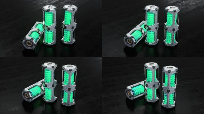 在3个带有发光绿色圆柱体的SciFi六角动力箱周围缓慢移动