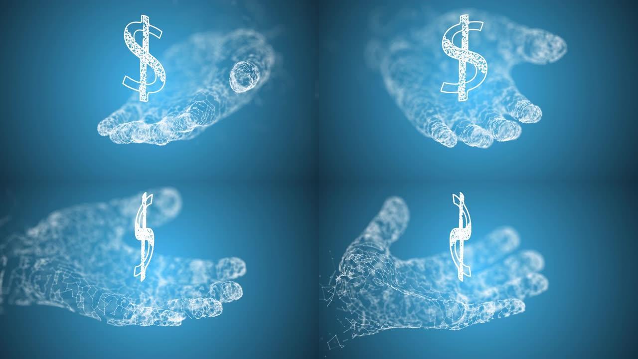 人掌上的美元符号在神经丛风格的蓝色背景上转身。