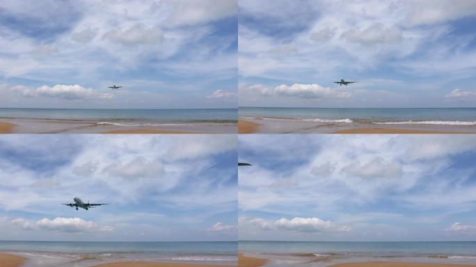 飞机降落在泰国迈考海滩的普吉岛机场。