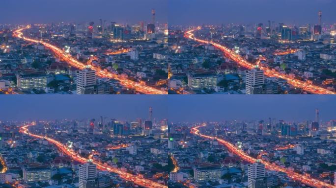 延时视频4k分辨率，泰国曼谷商业区高峰时段的黄昏交通。曼谷市中心晚上的城市景观。带噪音的软聚焦。