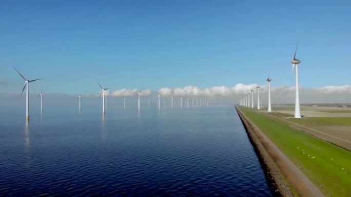 荷兰Ijsselmeer湖旁的风车排行，可再生能源风车农场Flevoland