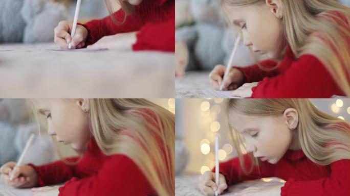 一个女孩的手在新年灯光的背景上写一封信的特写。