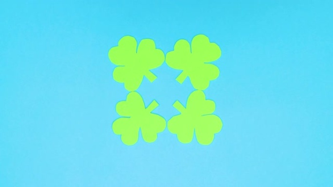 四只绿色丁香从蓝色背景的中心移动到边缘-停止运动