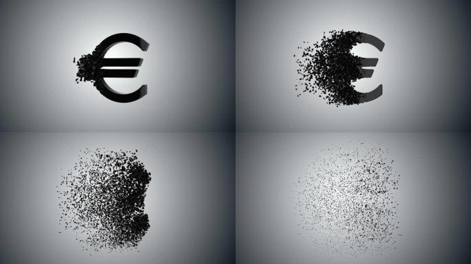 具有消失效应的破碎欧元价值3d模型。金融危机概念。