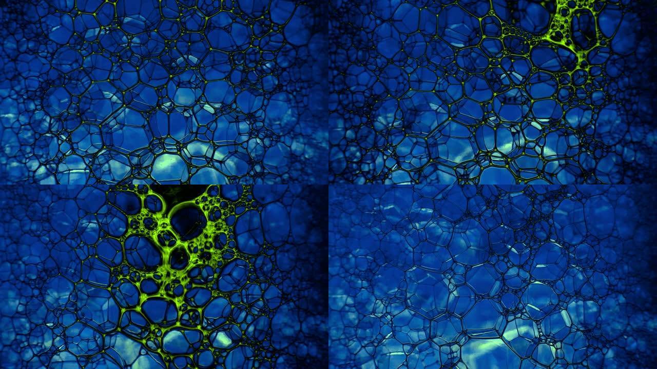 彩色肥皂泡沫与爆裂气泡背景。摘要生物结构，大分子模式。绿色墨水填充了大量在液体中形成的蓝色小气泡。自