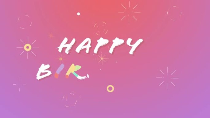 生日快乐文本动画和彩色粒子从生日快乐文本中淡出。生日庆祝概念。
