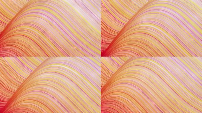 表面波浪的美丽抽象背景，红色黄色渐变，挤压线条作为条纹织物表面，在液体上有褶皱或波浪。4k环路。2