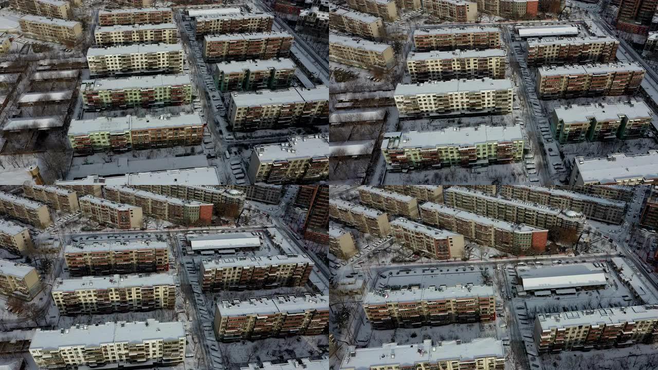 下雪后俯瞰住宅区居民区雪景小屋雪景航拍小
