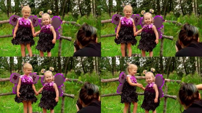 摄影师拍摄美丽的女孩玩紫罗兰蝴蝶的照片