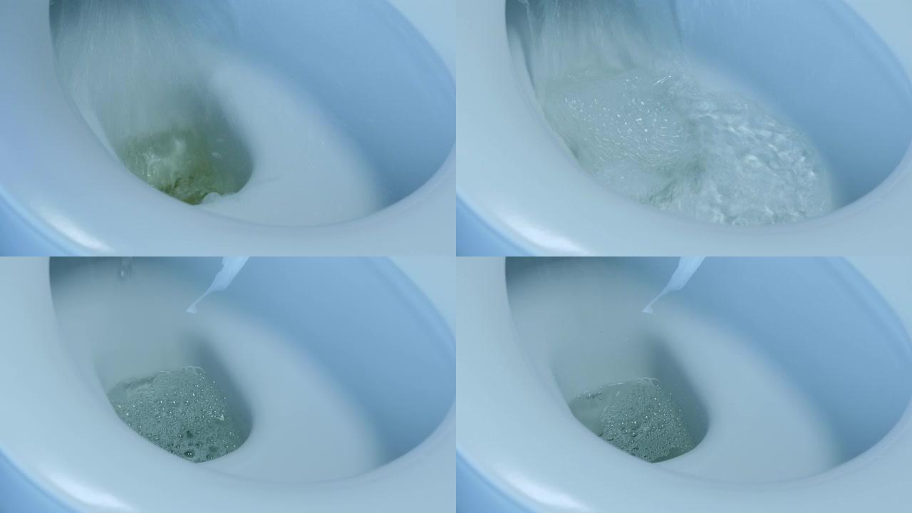 男性手在白色马桶冲尿，特写。灰色瓷砖浴室白色卫生间侧视图。水冲入浴室的马桶。马桶里的水被冲洗了