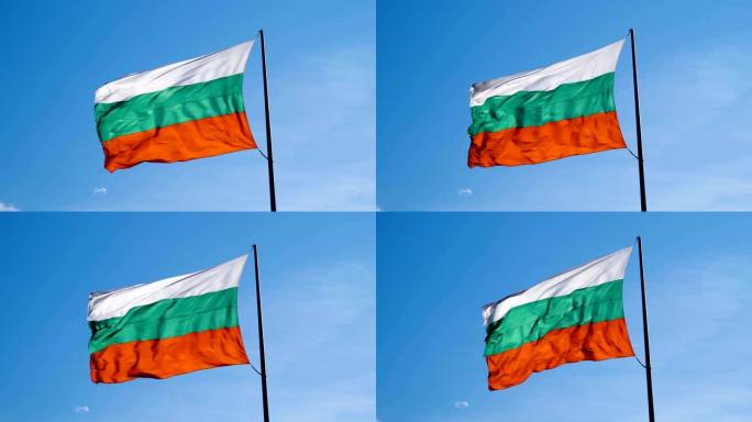 保加利亚旗帜在黑色旗杆上快速飘扬