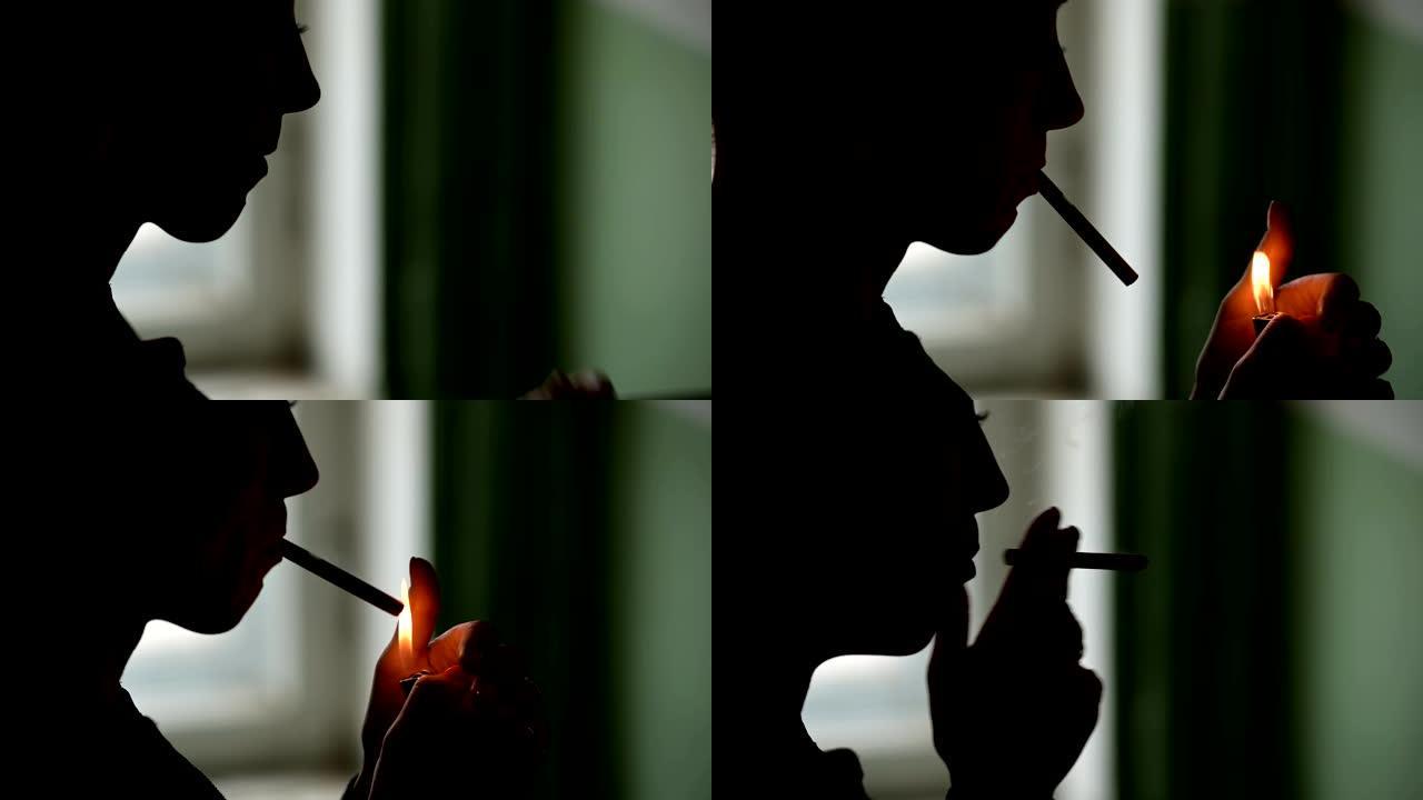 一个女人的脸的轮廓的特写镜头，将一支香烟插入她的嘴唇，并用打火机和呼出的烟雾点燃她。低调吸烟危害的严