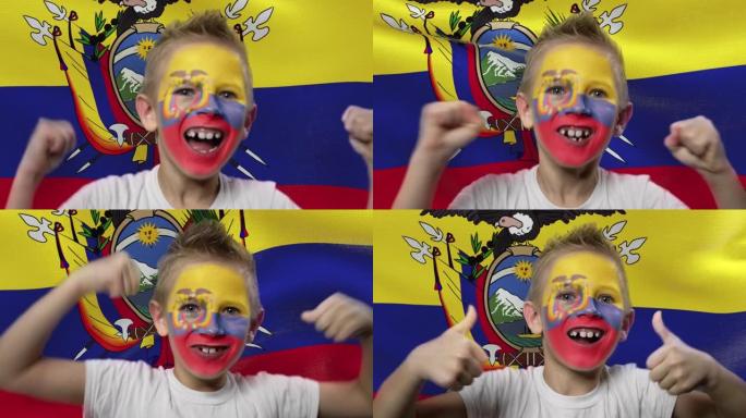 厄瓜多尔国旗背景上的快乐粉丝。有着民族色彩的脸的快乐男孩。