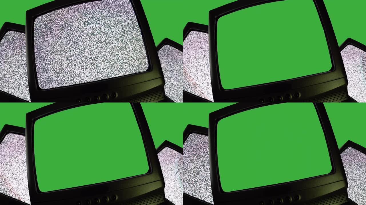 旧复古电视绿屏开关机，噪音静电。70年代风格的电视首先显示绿屏，然后显示噪音干扰。老式电视，屏幕上闪
