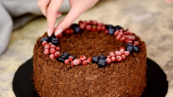 法国巧克力拿破仑蛋糕酥皮奶油。浆果装饰蛋糕。
