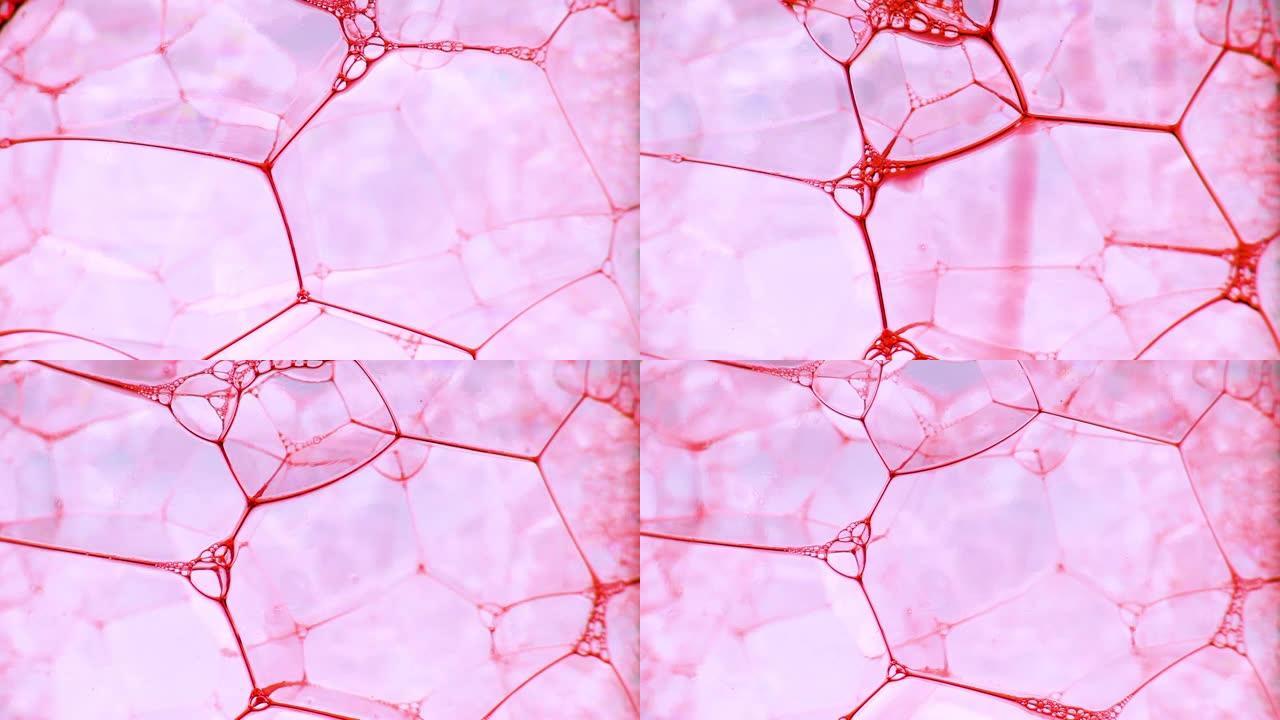 彩色肥皂泡沫与爆裂气泡背景。摘要生物结构，大分子模式。红色墨水填充了大量在液体中形成的粉红色大气泡。