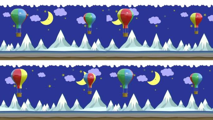 动画运动，气球在夜间漂浮在高山之上。秒2-8可以切入循环