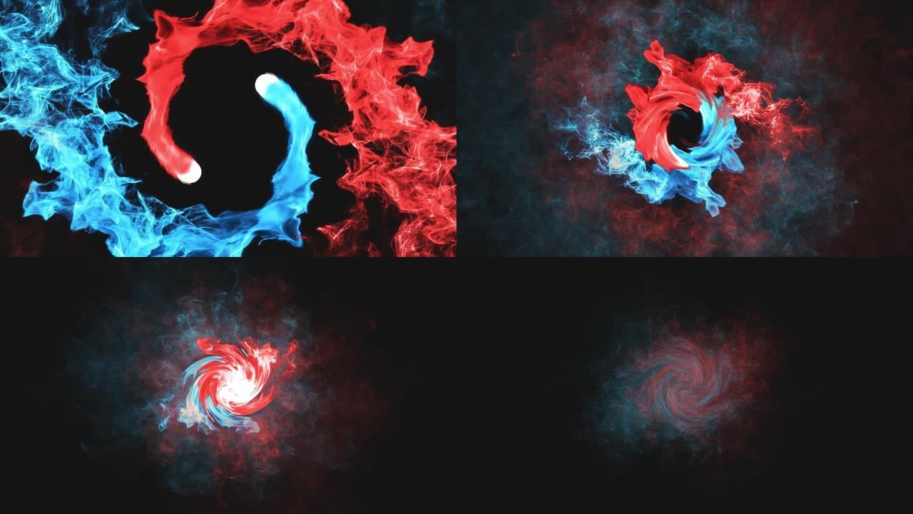 蓝色和红色烟雾，颗粒或化学分子流动或漂浮