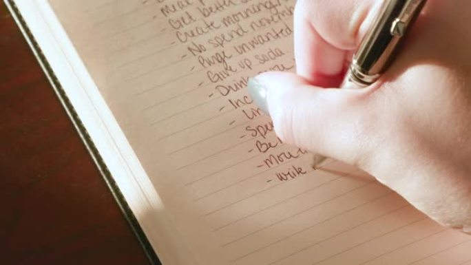 女人在木桌上的日记中写新年决议 (关闭)