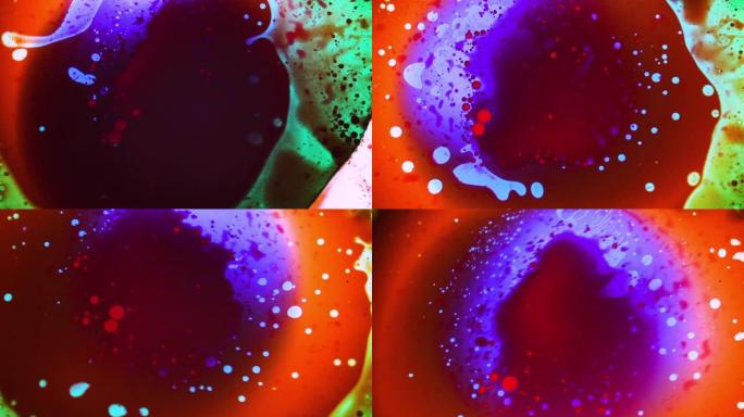 抽象的彩色油漆反应。迷幻液体光秀，水，油，油漆中的染料图案。视觉效果、运动图形的大理石背景。漩涡图案