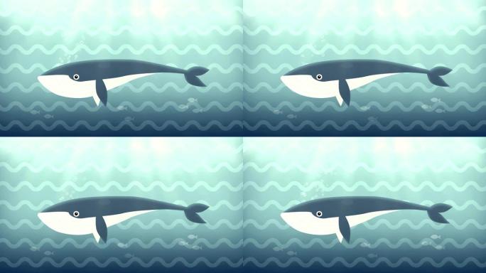 卡通鲸鱼在水下海洋中游泳