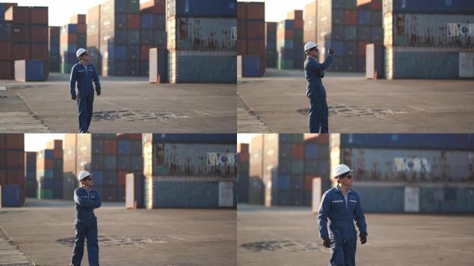 工头在港口码头步行和检查集装箱货物运输