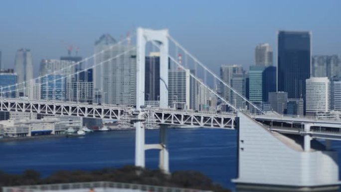 东京市区的桥梁高速公路高角度长镜头倾斜