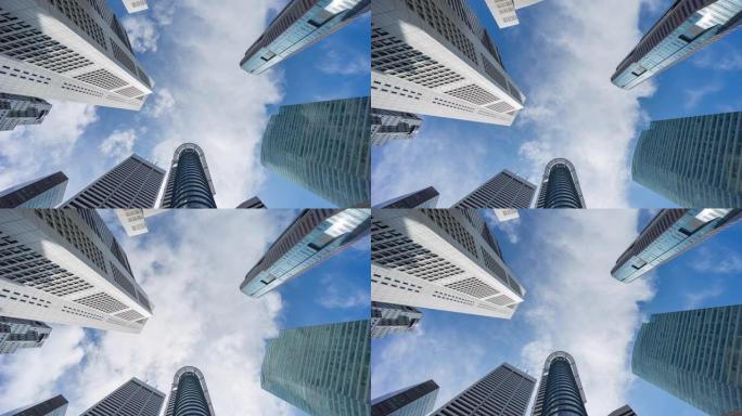 现代建筑的低角度视角，云层和蓝天移动，直下拍摄延时视频