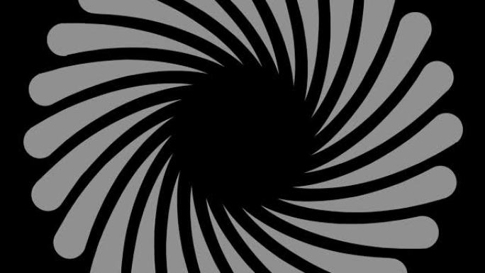 具有频闪和催眠效果的黑白图形绘制，同时顺时针旋转并增加尺寸。