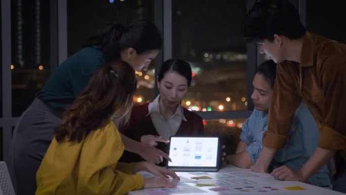亚洲女性领导者建议ux/ui设计师关于夜间现代办公室餐桌上的移动应用界面线框设计。工作后期创意数字开