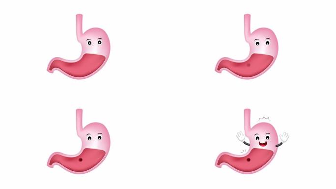 害怕的卡通胃角色。消化性溃疡，不健康的内脏概念。
