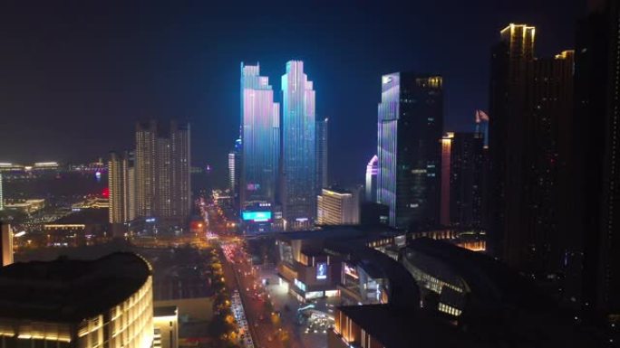 青岛市市区夜间照明表演交通街空中全景4k中国