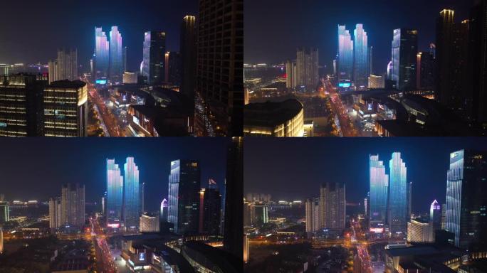 青岛市市区夜间照明表演交通街空中全景4k中国