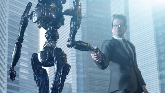 一个商人和一个机器人握手。商业创新概念，3d渲染