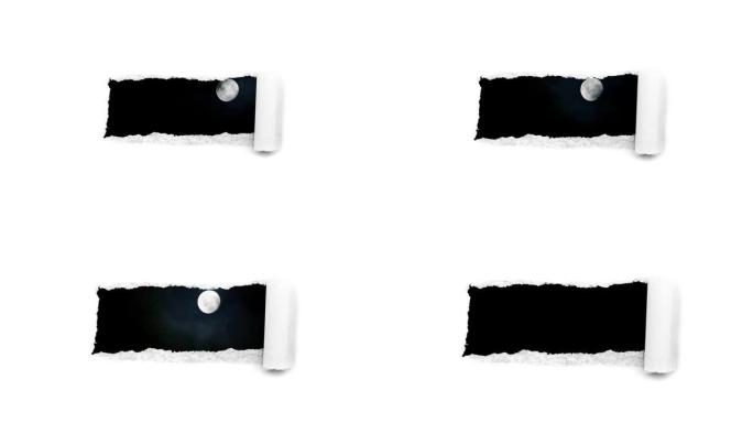 创意4k时间圈视频，在夜空中有浮云的发光满月，通过白纸边缘撕裂的孔可以看到。