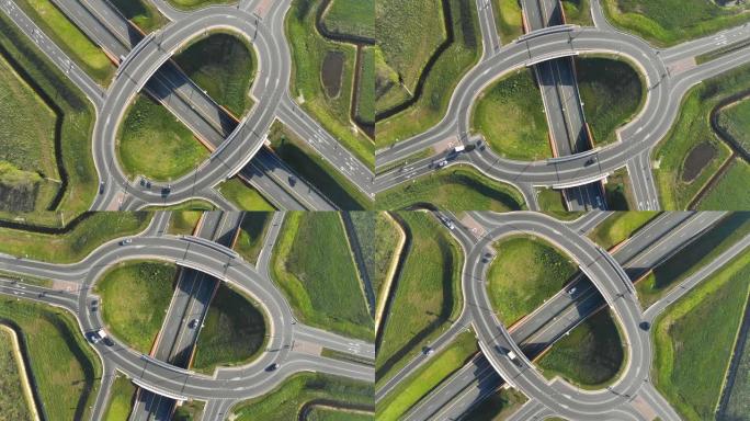 高速公路的俯视图。高速公路和城市之间的交汇处。高速公路的出口无人机的景色