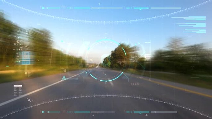乡村道路上的延时旅行快速移动速度在乡村与森林的地方与技术UI用户界面